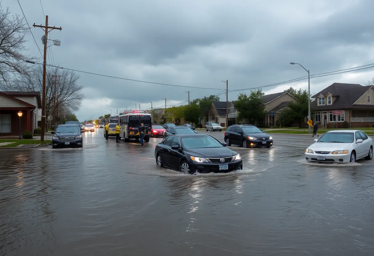 Flooded street in Shreveport with cars submerged