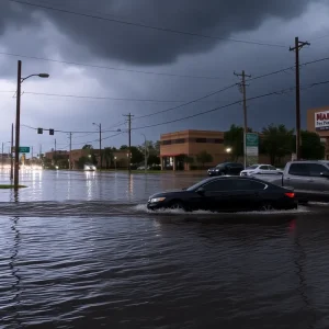 Flooded streets in Shreveport after severe thunderstorms with stormy skies