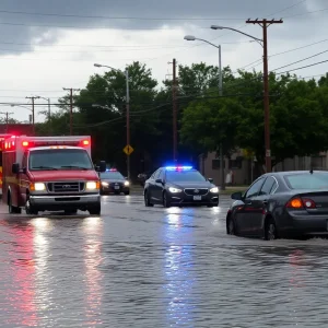 Flooded street in Shreveport with emergency vehicles
