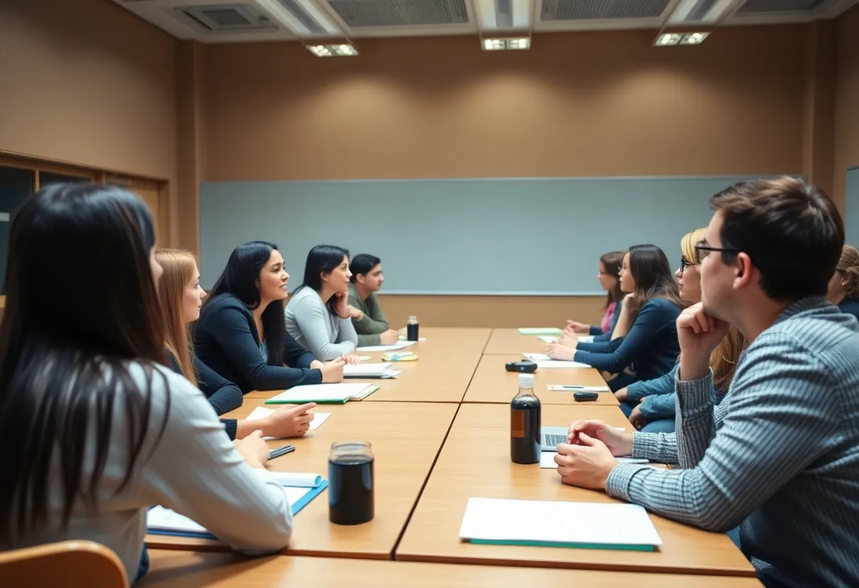 Students discussing free speech in a university classroom.