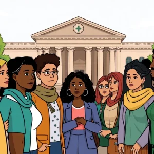 People discussing healthcare access outside a government building