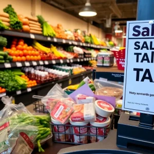 A lively grocery store in Shreveport displaying fresh produce and tax signs.
