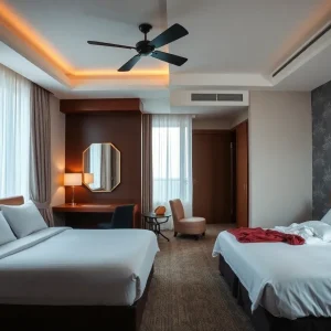 Comparison of a clean hotel room and an untidy hotel room.