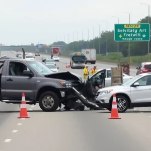 Emergency services responding to a crash on I-49 involving a gray truck and a white SUV