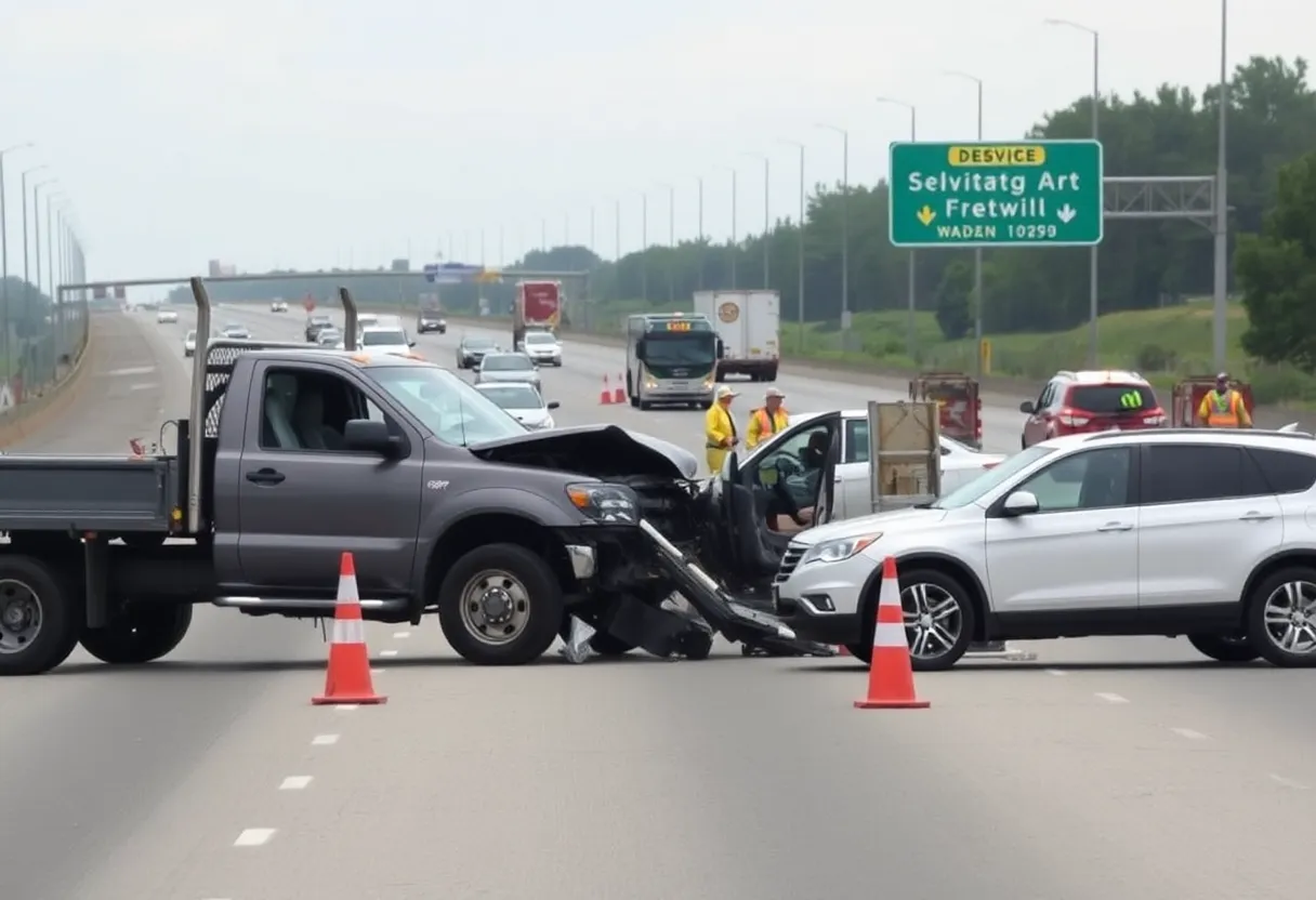 Emergency services responding to a crash on I-49 involving a gray truck and a white SUV