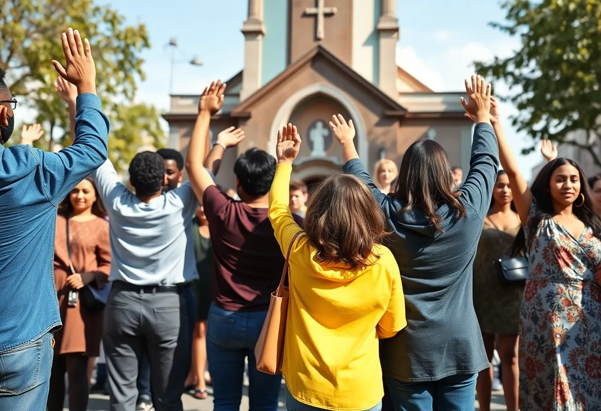 Diverse group demonstrating for LGBTQ rights in front of a church.