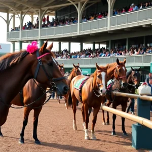 View of Churchill Downs during the Kentucky Derby weekend with horses and excited spectators.