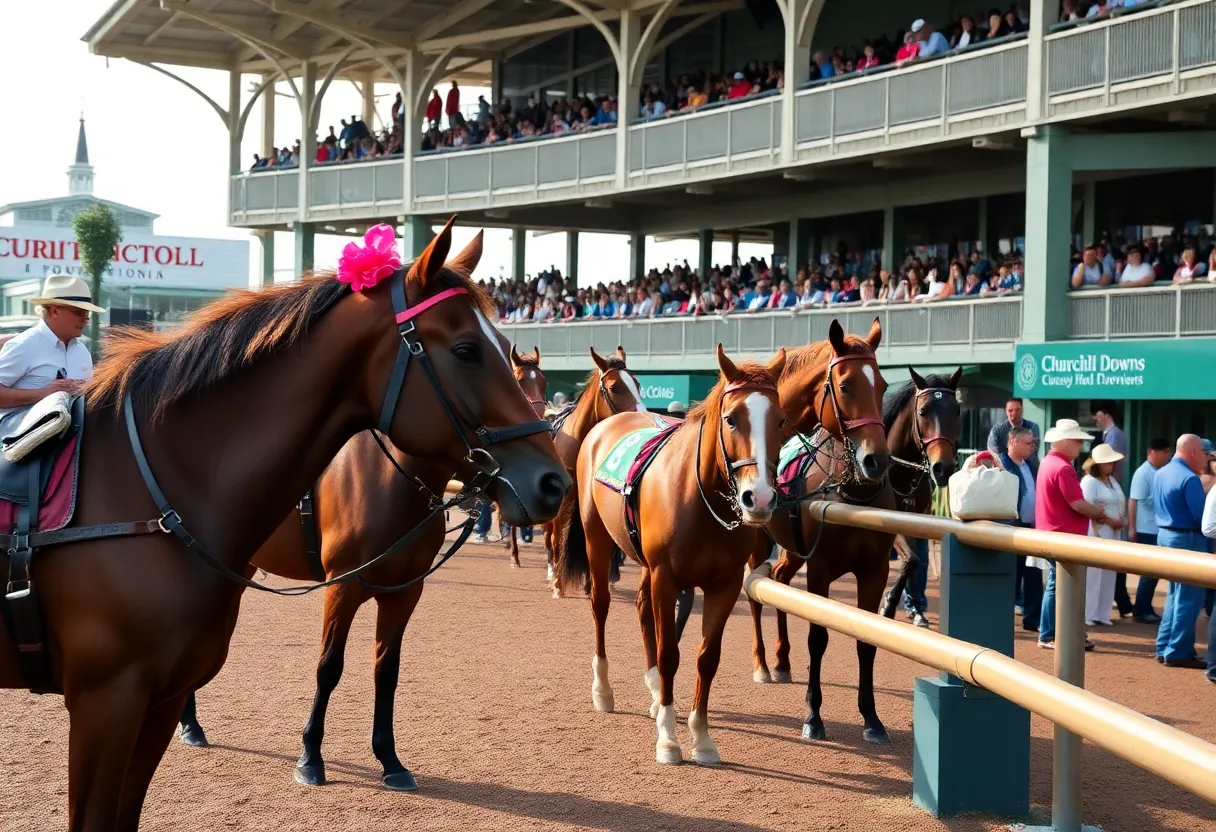View of Churchill Downs during the Kentucky Derby weekend with horses and excited spectators.