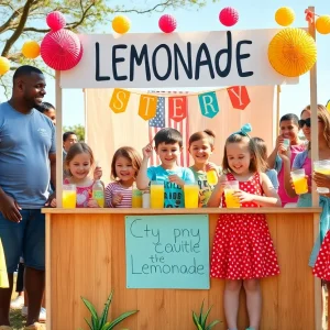 Children selling lemonade at a colorful stand during Lemonade Day