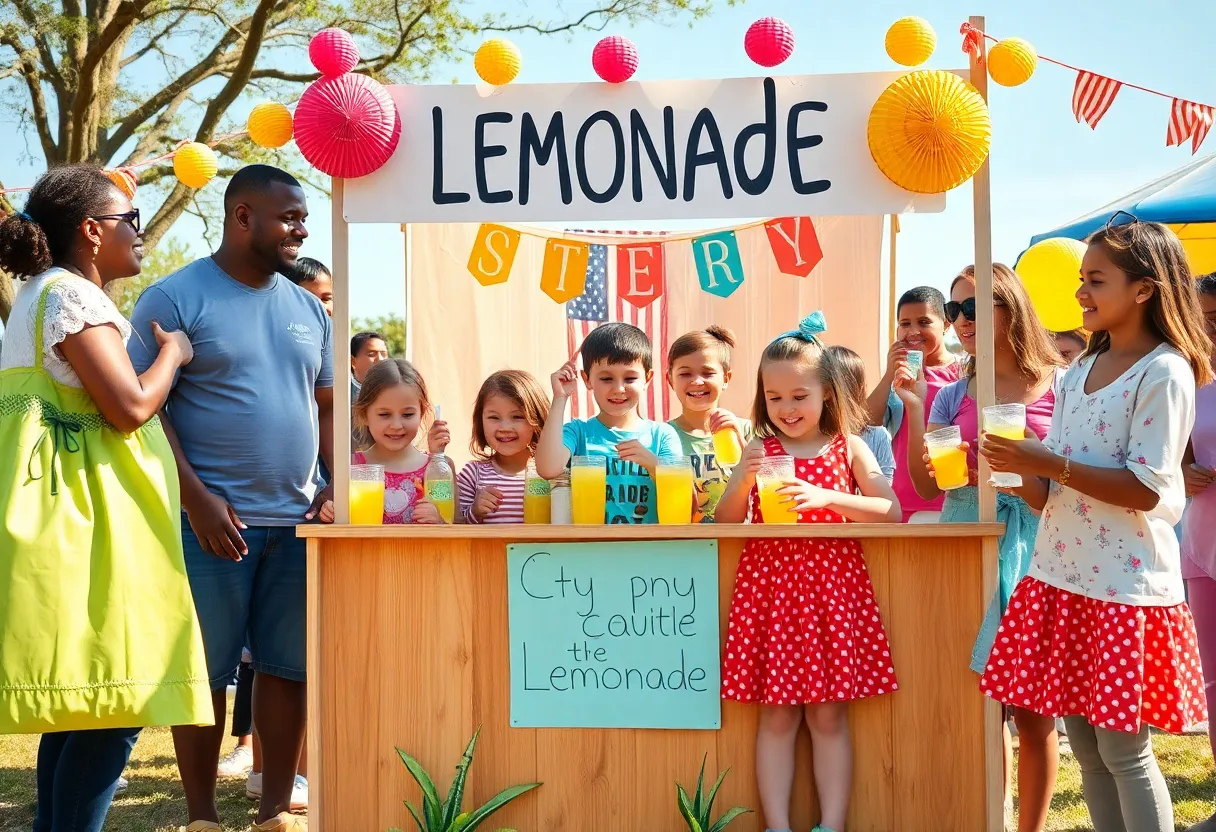 Children selling lemonade at a colorful stand during Lemonade Day