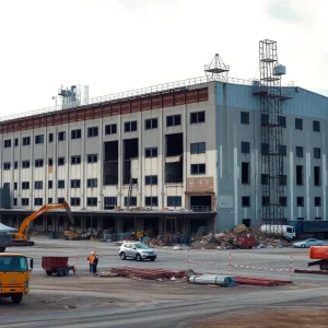Abandoned Libbey Glass Plant site with construction equipment