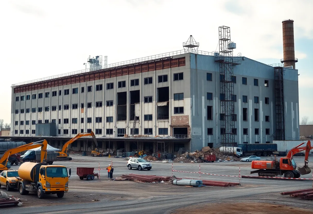 Abandoned Libbey Glass Plant site with construction equipment