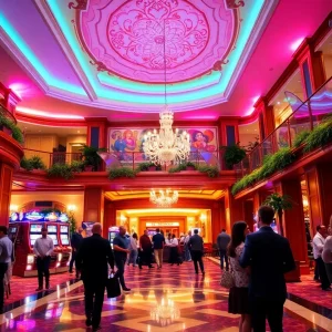 A busy hotel lobby at Live! Casino & Hotel in Louisiana, showcasing vibrant decor.