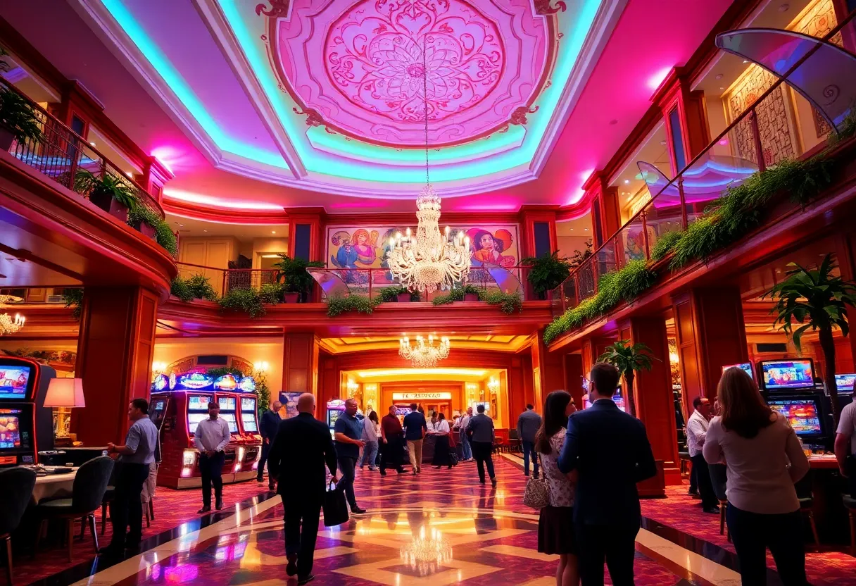 A busy hotel lobby at Live! Casino & Hotel in Louisiana, showcasing vibrant decor.