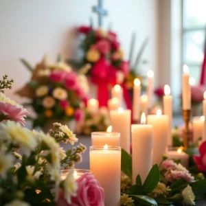 A serene memorial tribute with flowers and candles.