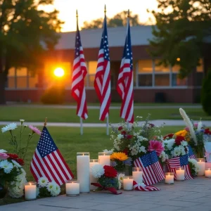 Memorial display with candles and flags for a veteran educator