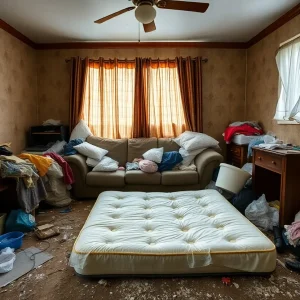 A cluttered and unsanitary living environment highlighting child neglect.