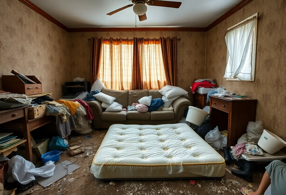 A cluttered and unsanitary living environment highlighting child neglect.
