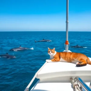 A sailboat with a cat on deck sailing across the Pacific Ocean.