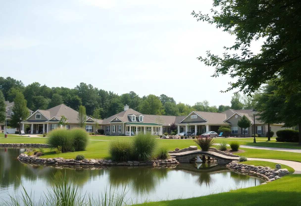 A peaceful pond and greenery at a retirement community