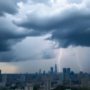 Dark storm clouds over Shreveport during severe weather event