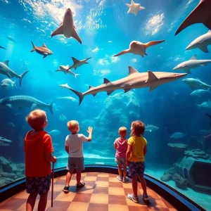Interior of Shreveport Aquarium showcasing various sea life.