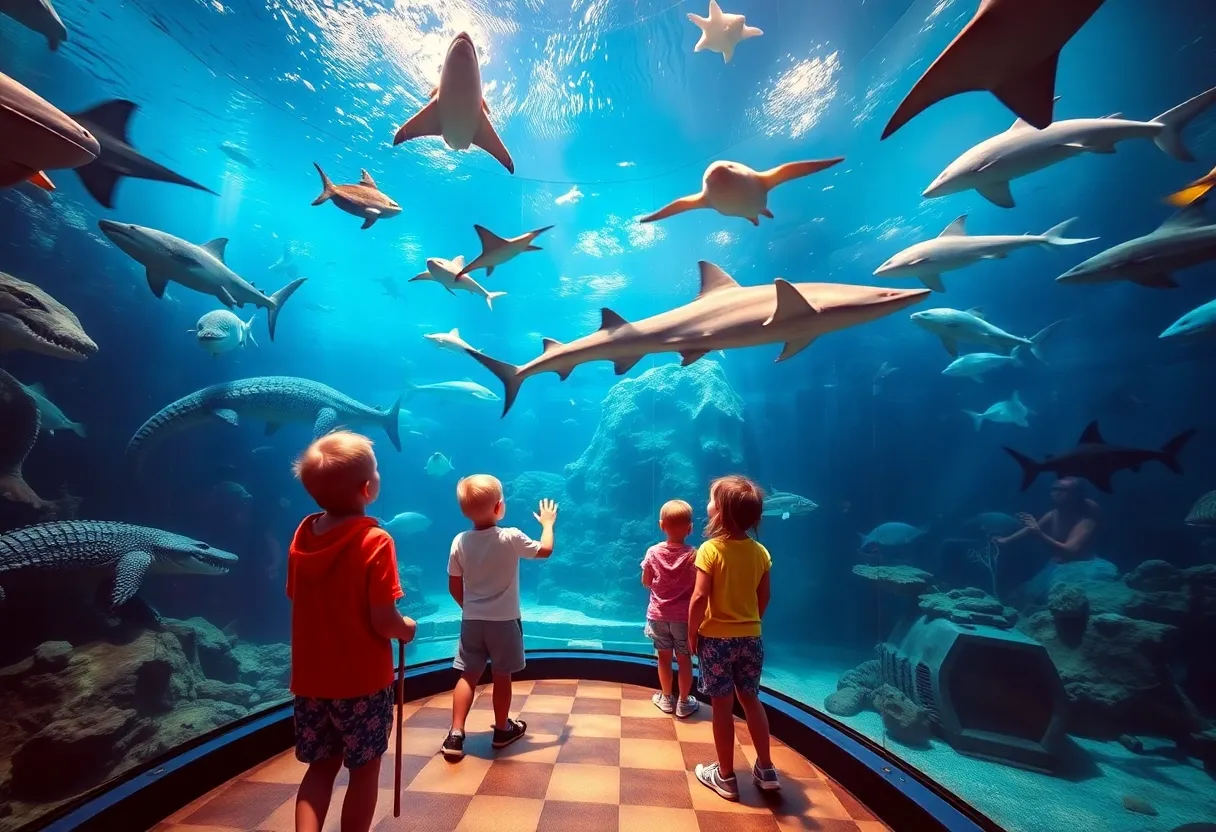 Interior of Shreveport Aquarium showcasing various sea life.