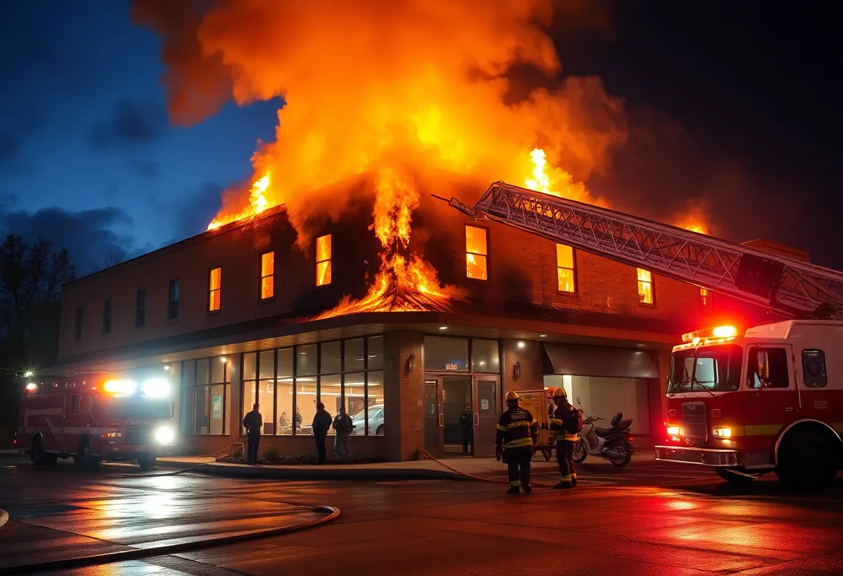 Firefighters responding to an arson incident at a commercial building