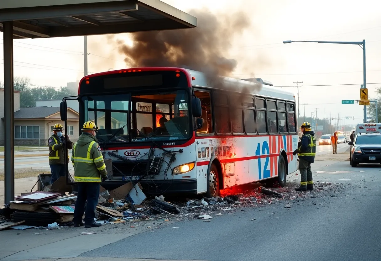 Exploded bus at Shreveport bus stop with debris and emergency responders