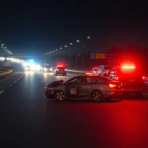Scene of a car crash on a highway at night with emergency responders