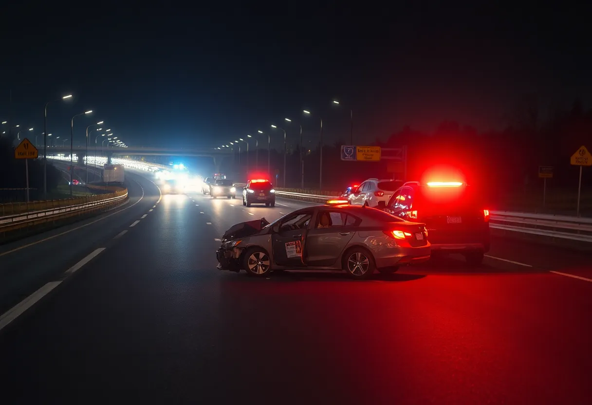 Scene of a car crash on a highway at night with emergency responders