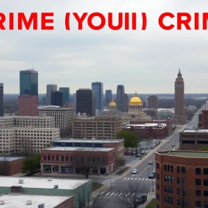 View of Shreveport, Louisiana city skyline with dramatic lighting.