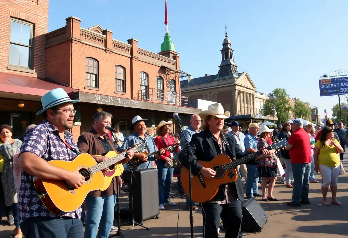 Vibrant community scene in Shreveport showcasing musicians and landmarks