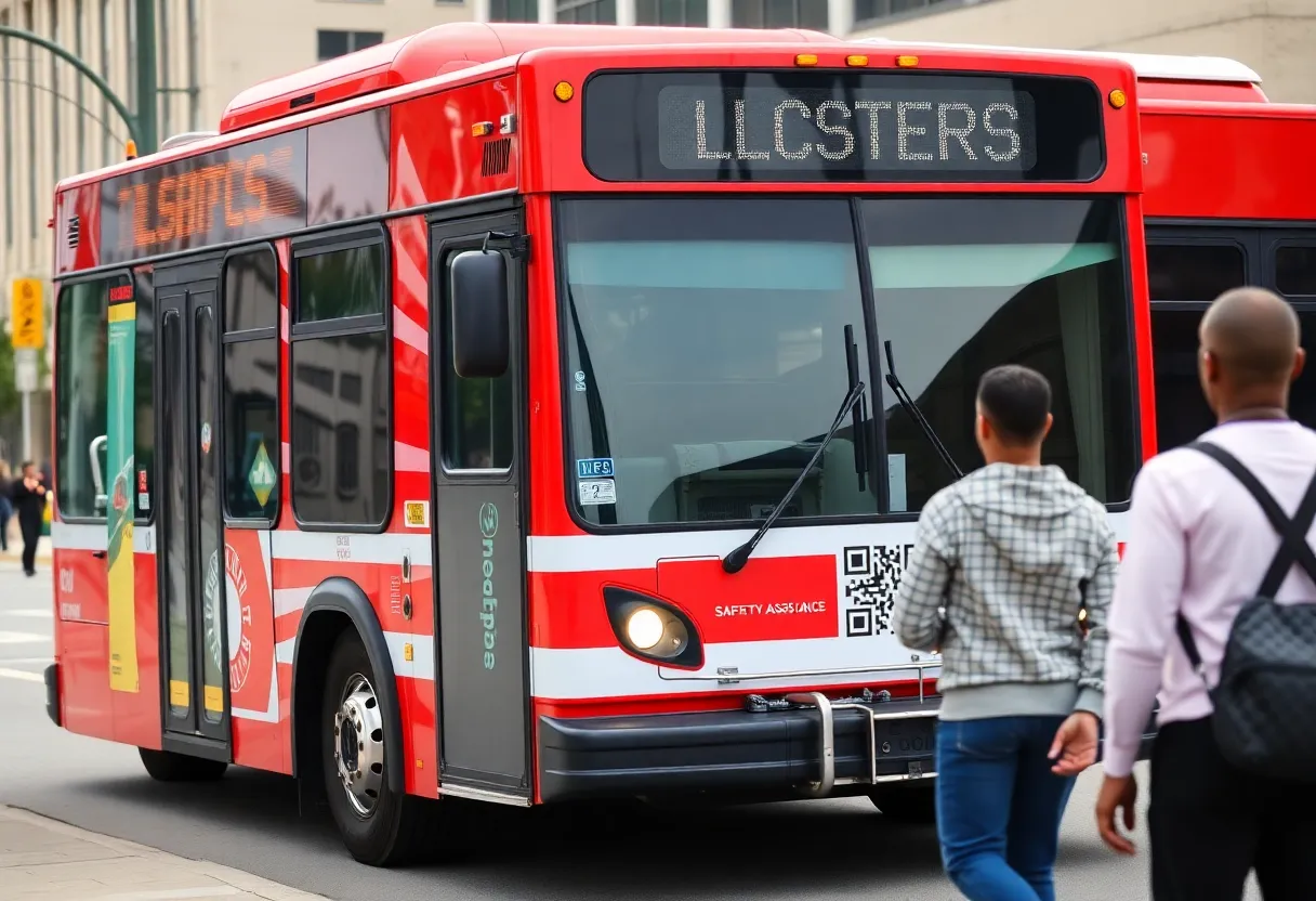 A red electric bus parked in Shreveport, featuring a QR code for utility assistance.