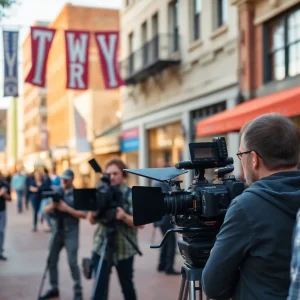 Film crew working in downtown Shreveport during a production.