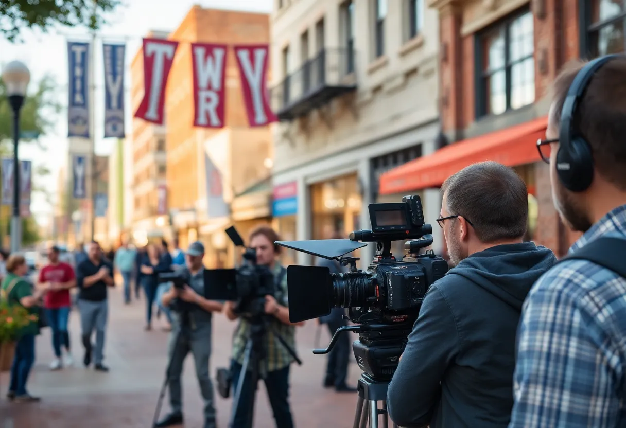 Film crew working in downtown Shreveport during a production.