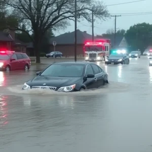 Severe flash flooding on a road in Shreveport with cars submerged.