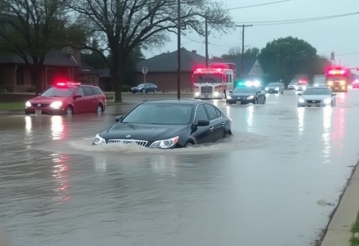 Severe flash flooding on a road in Shreveport with cars submerged.