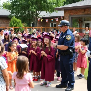 Children celebrating at a graduation ceremony with police officers in the background.