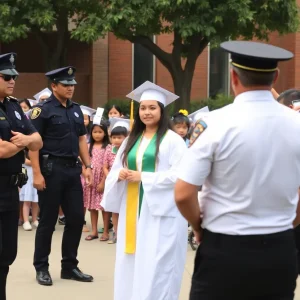 Police managing a chaotic scene during a preschool graduation