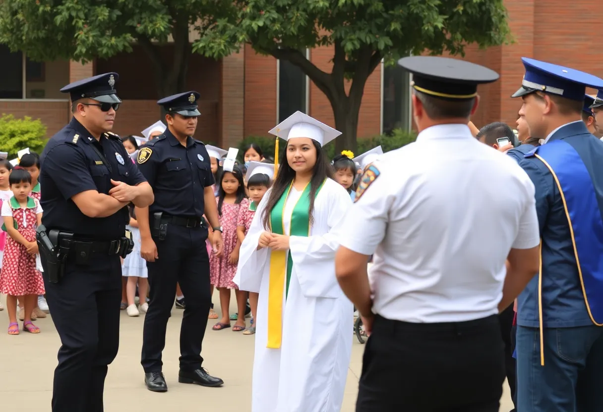 Police managing a chaotic scene during a preschool graduation