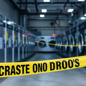 Caution tape at a commercial laundry facility in Shreveport, Louisiana