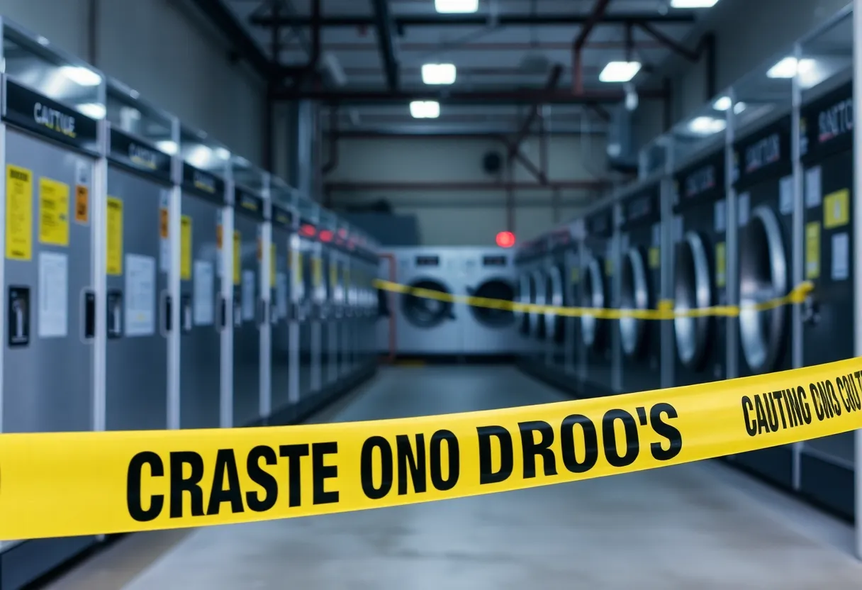 Caution tape at a commercial laundry facility in Shreveport, Louisiana