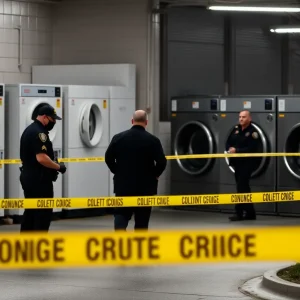 Police officers investigating at a laundry facility in Shreveport