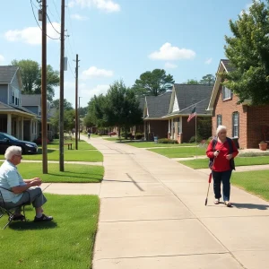 A peaceful Shreveport neighborhood depicting community safety and elderly individuals.