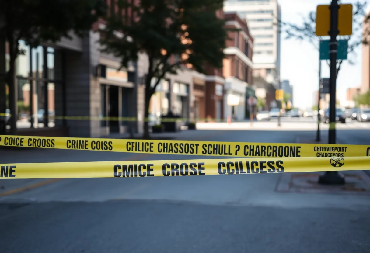 Crime scene with police officers and tape in downtown Shreveport