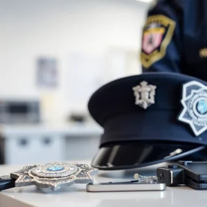 Police officer's gear and badge representing professionalism.