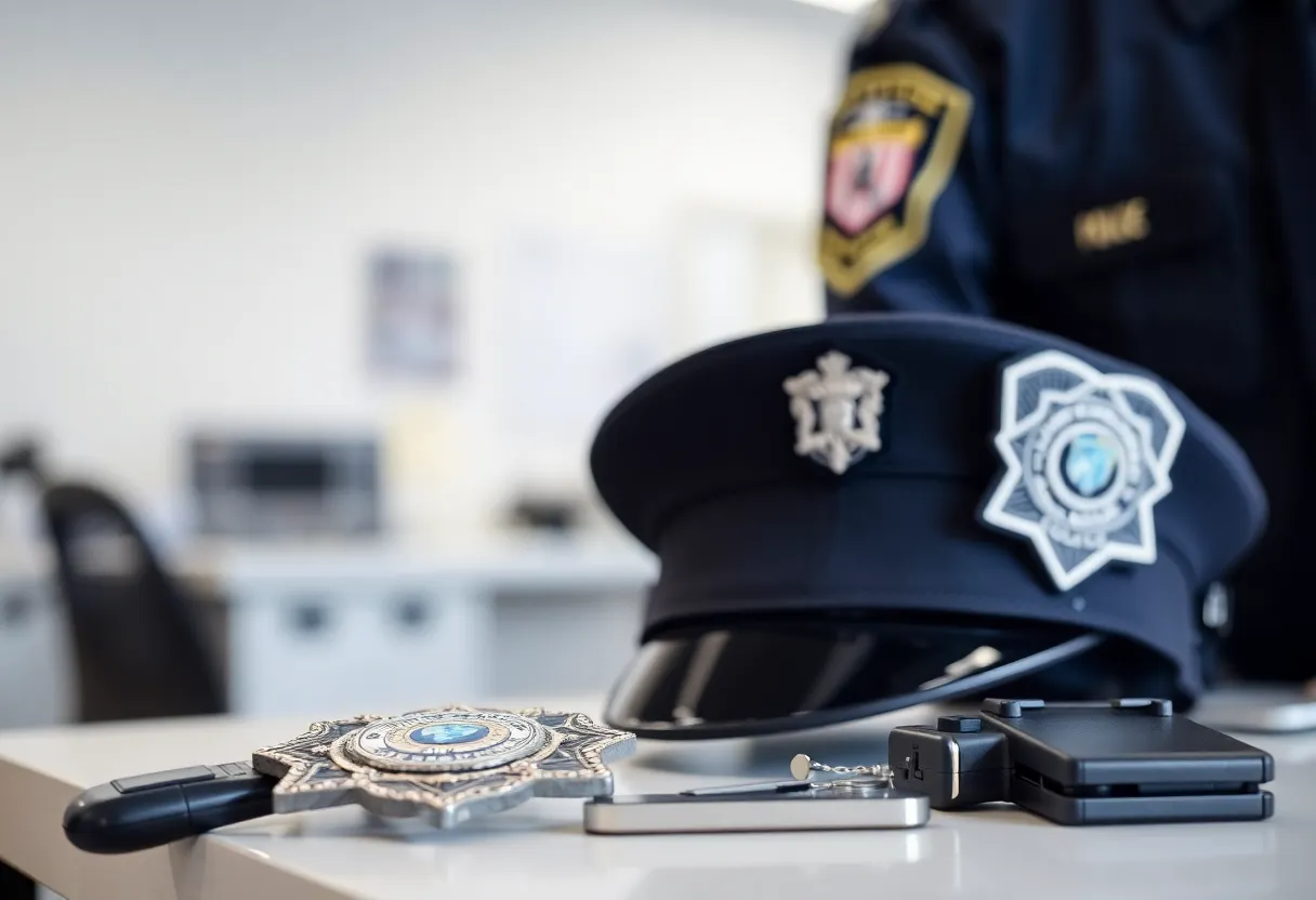 Police officer's gear and badge representing professionalism.
