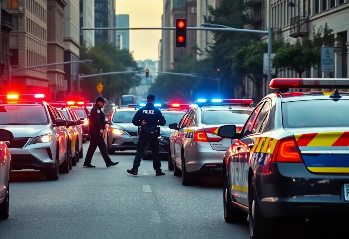 Police vehicles and officers at a crime scene in downtown Shreveport.