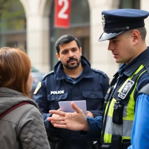 Police officer engaging with community members about crime prevention in Shreveport